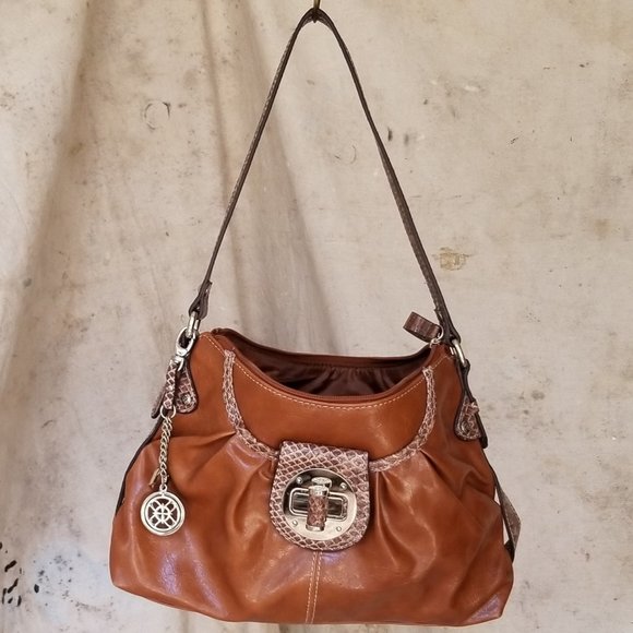 nicole by Nicole Miller Cognac Shoulder Bag with Snake Skin detail - Picture 2 of 16